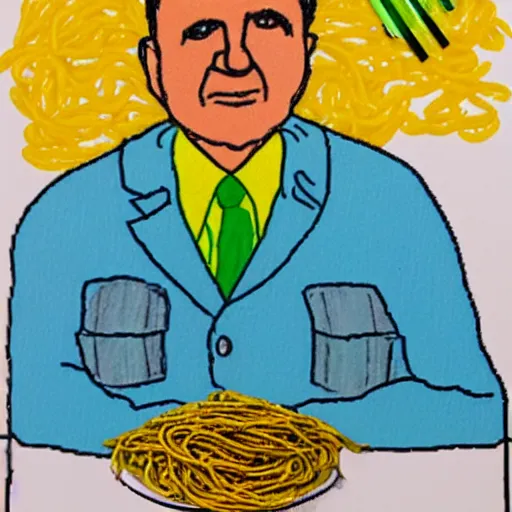 Image similar to child's crayon drawing of richard nixon swimming in spaghetti.