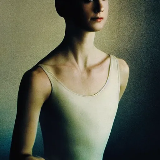 Prompt: portrait of a ballerina with a beautiful porcelain face, cinematic light and reflections, beautiful dreamy lighting, photographed by annie leibovitz,