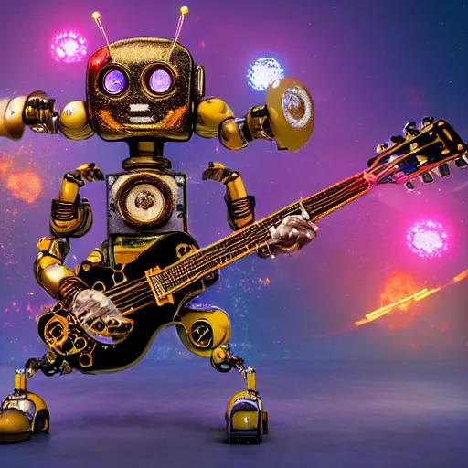 Image similar to album art, robos rock, rockband with 3 steampunk robots playing guitar and drums, r. o. b. o. s. r. o. c. k., 8 k, flourescent colors, halluzinogenic, multicolored, exaggerated detailed, front shot, 3 d render, octane