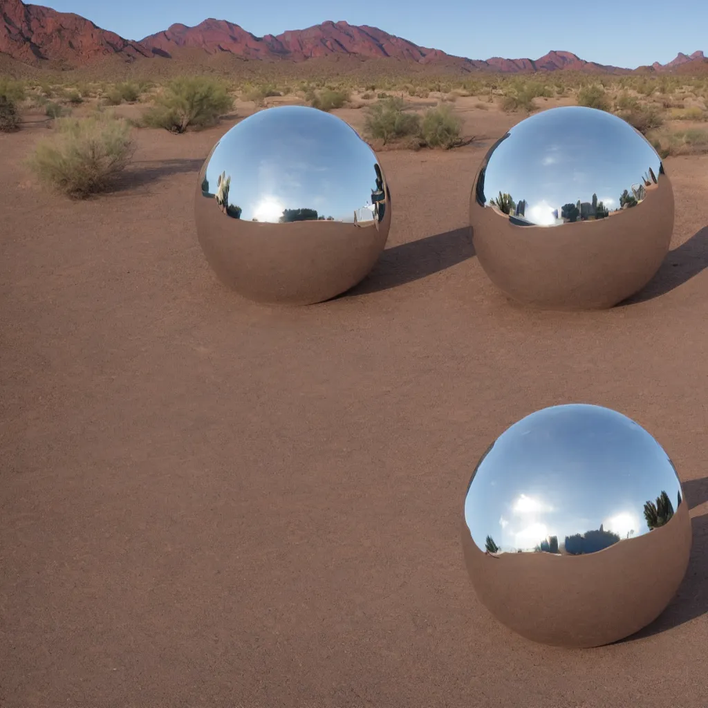 Image similar to a large metallic ball with a mirror finish sits in the arizona desert