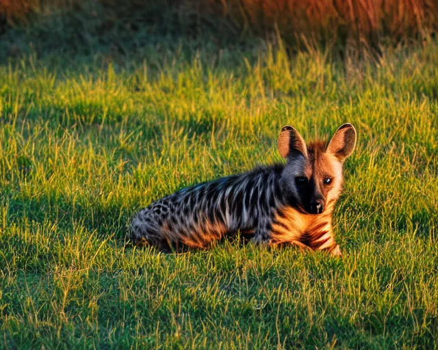 Prompt: striped hyena laying in between the green in savannah, sunset, far - shot