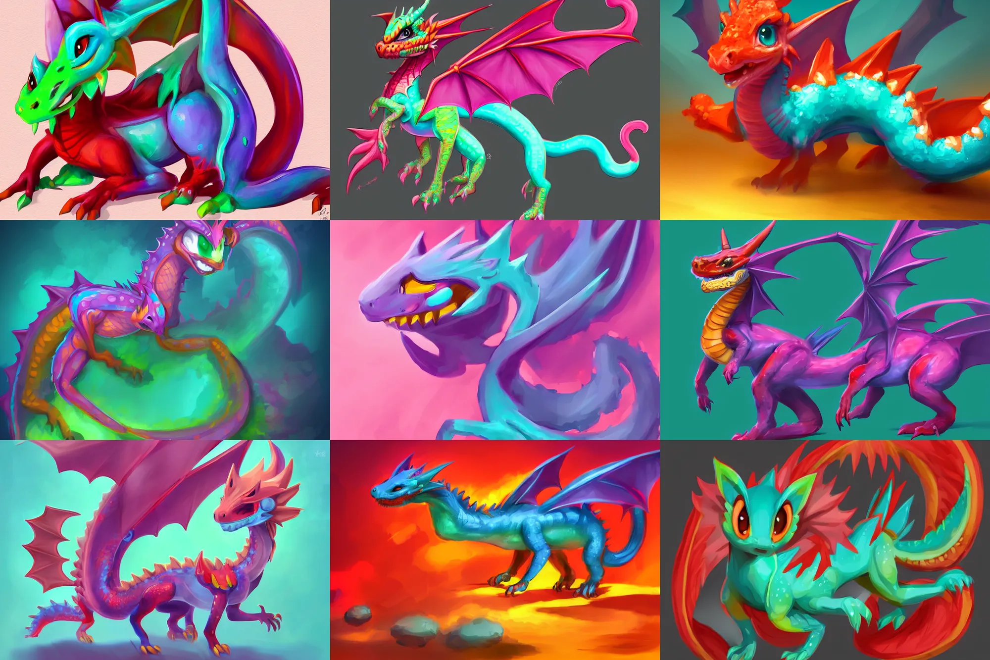 Prompt: full body digital illustration of a cute colorful baby dragon, chroma, concept art, matte background, deviantArt, artstation