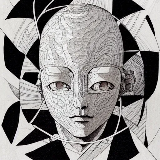 Image similar to prompt: Fragile looking vessel portrait face drawn by Katsuhiro Otomo, inspired by Escher, magical and alchemical objects on the side, soft light, white background, intricate detail, intricate ink painting detail, sharp high detail, manga and anime 2000