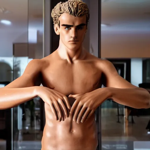 Image similar to a realistic detailed photo of a guy who is an attractive humanoid who is half robot and half humanoid, who is a male android, soccer player antoine griezmann, shiny skin, posing like a statue, blank stare, in a living room, on display, showing off his muscles