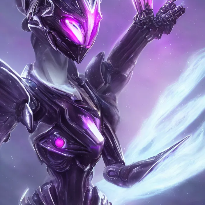 Image similar to cinematic close shot, cosmic sized proportional stunning beautiful hot female warframe, detailed robot mecha female dragon head, metal ears purple eyes, sleek silver armor, fuschia skin, floating in empty space, nebula sized, posing elegantly, epic proportions, epic size, epic scale, furry art, dragon art, giantess art, warframe fanart, furaffinity, deviantart