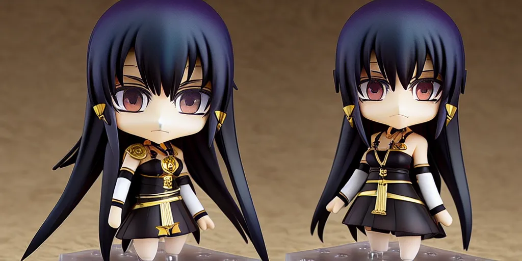 Prompt: nendoroid eyes kawaii chibi female pharao, darklong hair, stained glass, style of maple story, detailed, custom