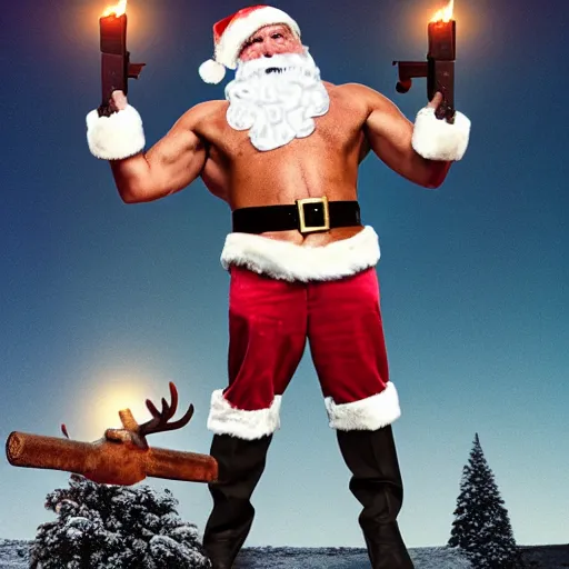 Prompt: photo of a ripped shirtless santa claus holding a large gun and standing on top of a dead reindeer