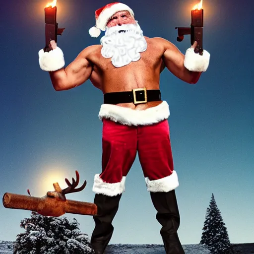 photo of a ripped shirtless santa claus holding a