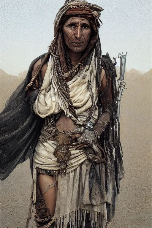 Prompt: a full body portrait of a beautiful post apocalyptic offworld desert bedouin blind retrofuturistic barbarian leper begging by the roadside, intricate, elegant, highly detailed, digital painting, artstation, concept art, smooth, sharp focus, illustration, art by krenz cushart and artem demura and alphonse mucha