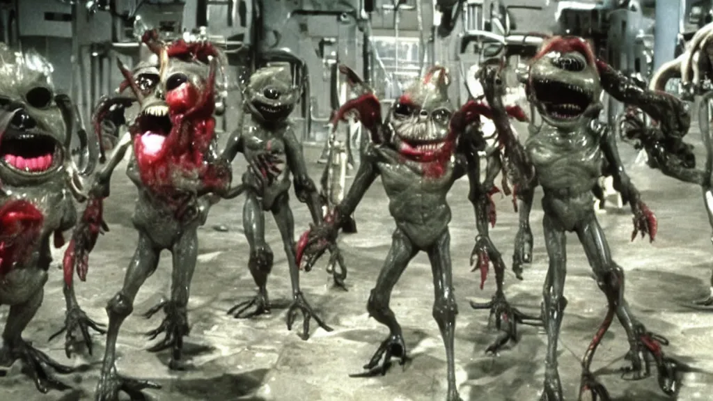 Prompt: Hyperreal Gremlins disguised as fact checked special ops science death squad test experimental vaccine drone tech derived from predator, xenomorph and furby gunge in downtown silicon valley, film still from banned media Gremlins 3 New World Order, directed by REDACTED | text reads \'Gremlins 3 New World Order\' | Gremlins