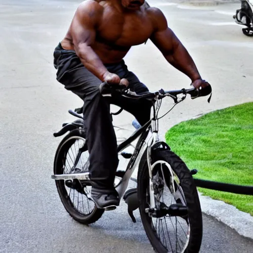 Image similar to mike tyson riding very very small bike