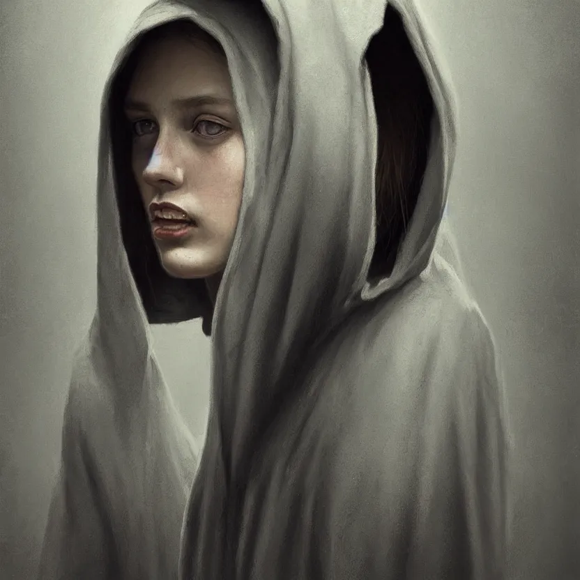 Image similar to Portrait of a young woman wearing a hooded robe, anatomically correct, perfect face, cinematic shot, candid, intricate, elegant, highly detailed digital painting, trending on Artstation, concept art, smooth, sharp focus, illustration and art by Beksinski, by Simon Stalenhag