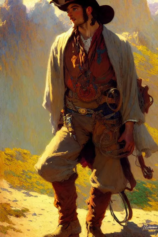 Image similar to attractive man, cowboy, beautiful mountain, cool colors, painting by gaston bussiere, craig mullins, greg rutkowski, alphonse mucha