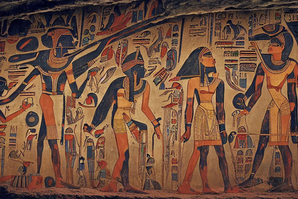 Prompt: an egyptian mural records the arrival of aliens on earth. cave painting