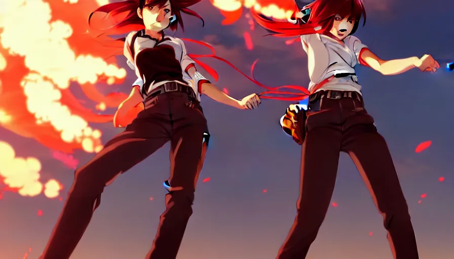 Image similar to makoto shinkai, artgerm, ilya kuvshinov, steampunk beautiful anime woman, red shirt brown pants, black and red hair hair, symmetrical face, symmetrical eyes, second anime woman with orange hair and black pants, action scene, shooting fire war, detailed, summer setting, cinematic lighting