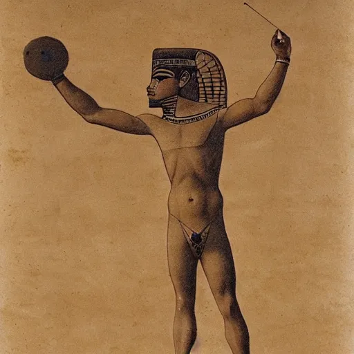 Image similar to Egyptian drawing of a man using a shake weight, ancient, photorealistic