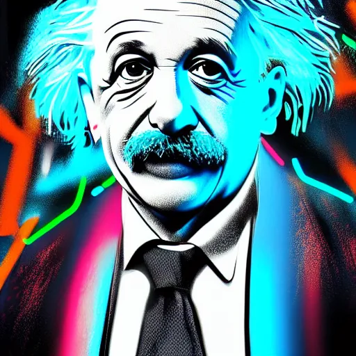 Image similar to high detailed portrait of albert einstein, cyberpunk2077, cyberpunk, neon, teal and gold colors, artstation, digital illustration