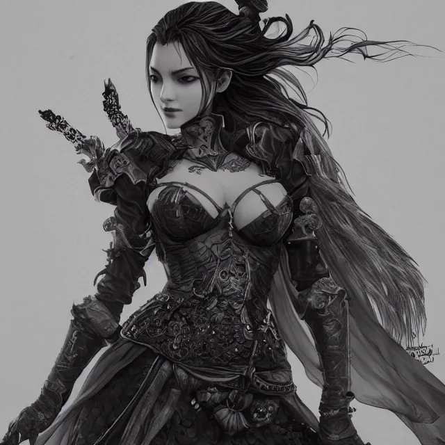 Prompt: the portrait of neutral evil fallen female dark knight vagabond as absurdly beautiful, gorgeous, elegant, sophisticated, hyperrealistic sensual gravure idol, an ultrafine hyperdetailed illustration by kim jung gi, irakli nadar, detailed face, intricate linework, octopath traveler, final fantasy, unreal engine highly rendered, detailed and intricate environment