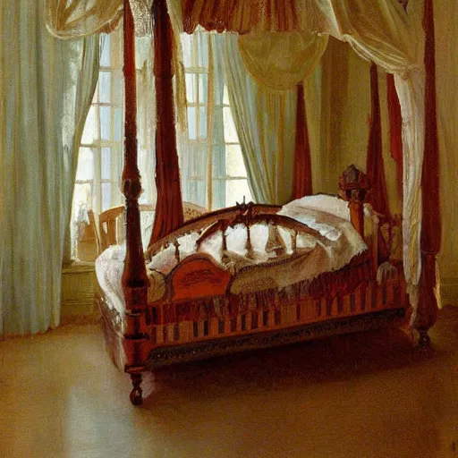 Prompt: a scary four-poster bed inside a victorian home that consumes souls. Oil panting.