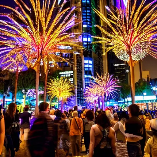 Image similar to glowing diverse groups of humans city nights, from behind, wide angle, elaborate, highly detailed, beautiful lighting