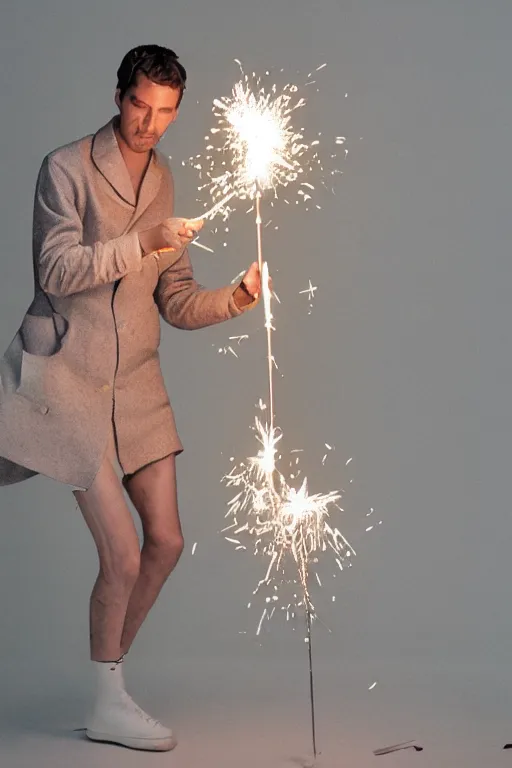 Image similar to margiela campaign featuring artist ben schumacher blowing out all the candles on the birthday cake, sparklers, realistic vfx simulation