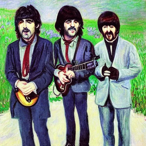 Prompt: the beatles as hilbillies by monet