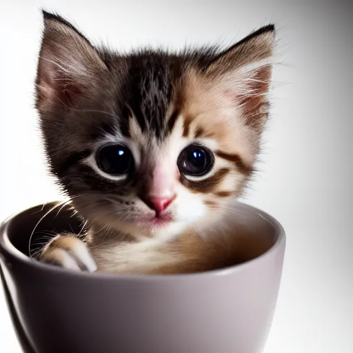 Image similar to beautiful cuddly kitten inside a cup, photo studio, professional photo, professional lighting, sunlight, trending on instagram, hdr, 8 k