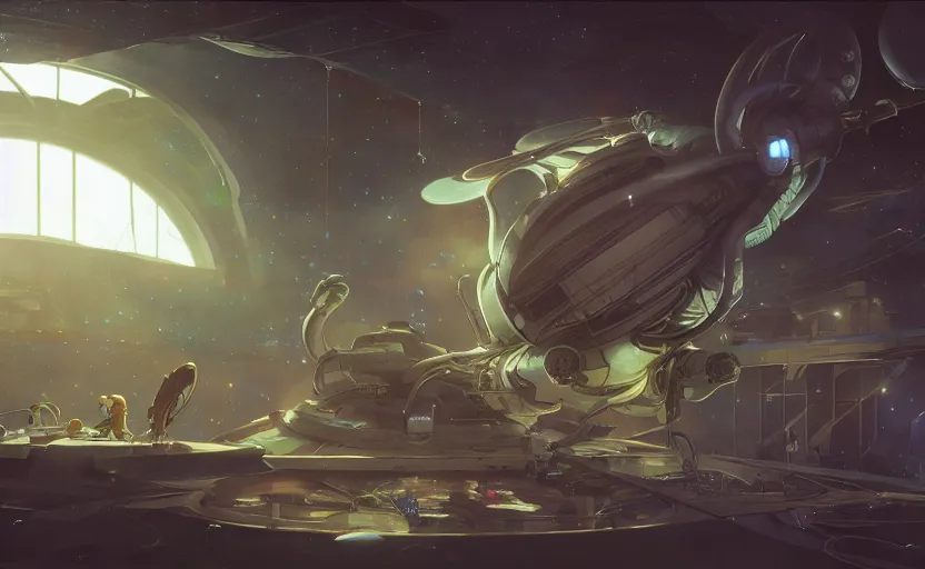 Image similar to an alien space cat doing repairs on her spaceship in a spaceport in a sci - fantasy ghibli animated film, volumetric lighting, octane render by stanley artgerm lau, greg rutkowski, studio ghibli, alphonse mucha, loish, norman rockwel, highly detailed, warm lighting, lens flare