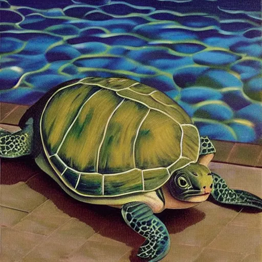 Image similar to painting of a cat playing with a turtle in a swimming pool, impressionism, art by Magritte