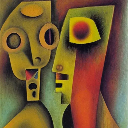 Image similar to Oil painting by Roberto Matta. Strange mechanical beings kissing. Close-up portrait by Lisa Yuskavage. Paul Klee.