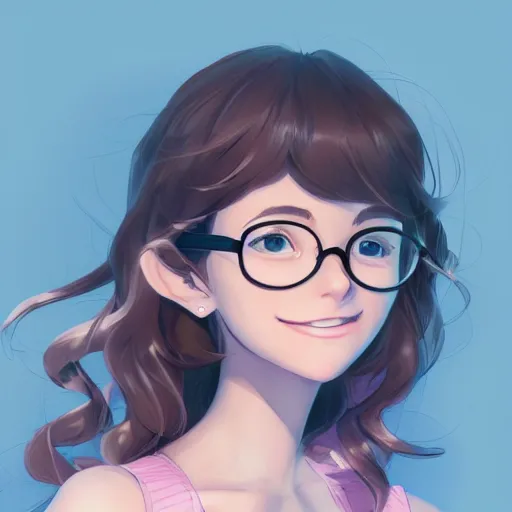 Prompt: portrait of a smiling young teenage girl ( big cheekn small mouth weak chin ), light brown long wavy hair, clear blue gray eyes, pink glasses, in the style of makoto shinkai and artgerm and loish, dynamic lighting trending on artstation