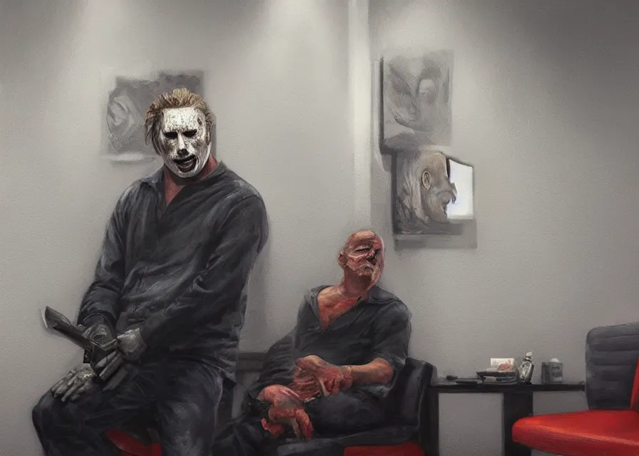 Image similar to dynamic portrait painting of Michael Myers sitting in the waiting room of an optometrist amongst other normal patients, sharp focus, face focused, trending on ArtStation, masterpiece, by Greg Rutkowski, by Ross Tran, by Fenghua Zhong, octane, soft render, oil on canvas, decorated wall with pictures of eyes, moody lighting, high contrast, cinematic