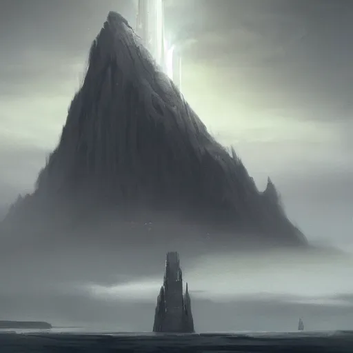 Image similar to star wars concept art by greg rutkowski, a palatial and imposing grey wide tower emerging from a volcano in the middle of a ocean landscape, enigmatic atmosphere, beautiful and cinematic lighting, artstation hq.