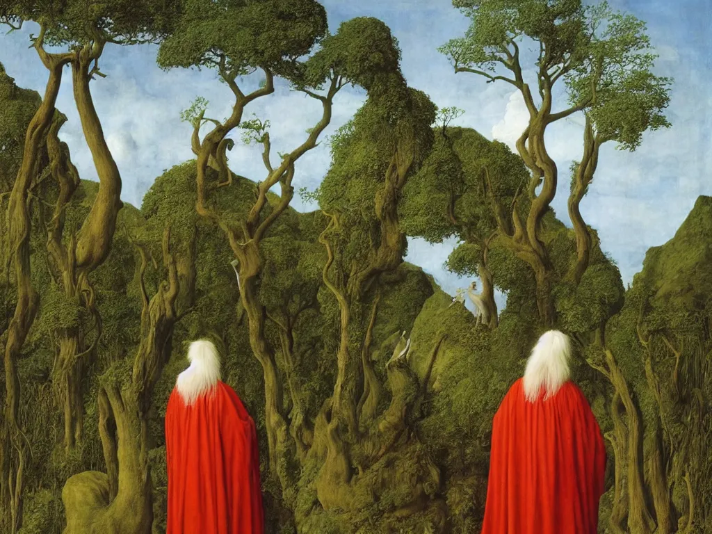 Image similar to albino mystic, with his back turned, looking at a dinosaur over the forest in the distance. Painting by Jan van Eyck, Audubon, Rene Magritte, Agnes Pelton, Max Ernst, Walton Ford