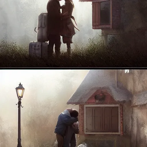 Image similar to a guy is leaving is home with luggage and sad angry mood, his wife is kissing another man under the porch of the house, highly detailed,, artstation hd, deviantart, by madgwick,, greg rutkowski, artgerm