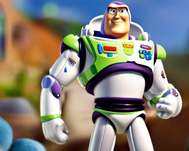 Image similar to Film still close-up shot of Dwayne Johnson as Buzz Lightyear in the movie Toy Story 3. Photographic, photography