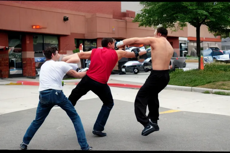 Prompt: two men fighting outside of an Applebee's