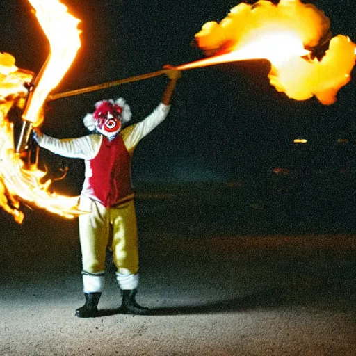 Image similar to photo of a clown using a flamethrower projecting a long flame. Cinematic, epic