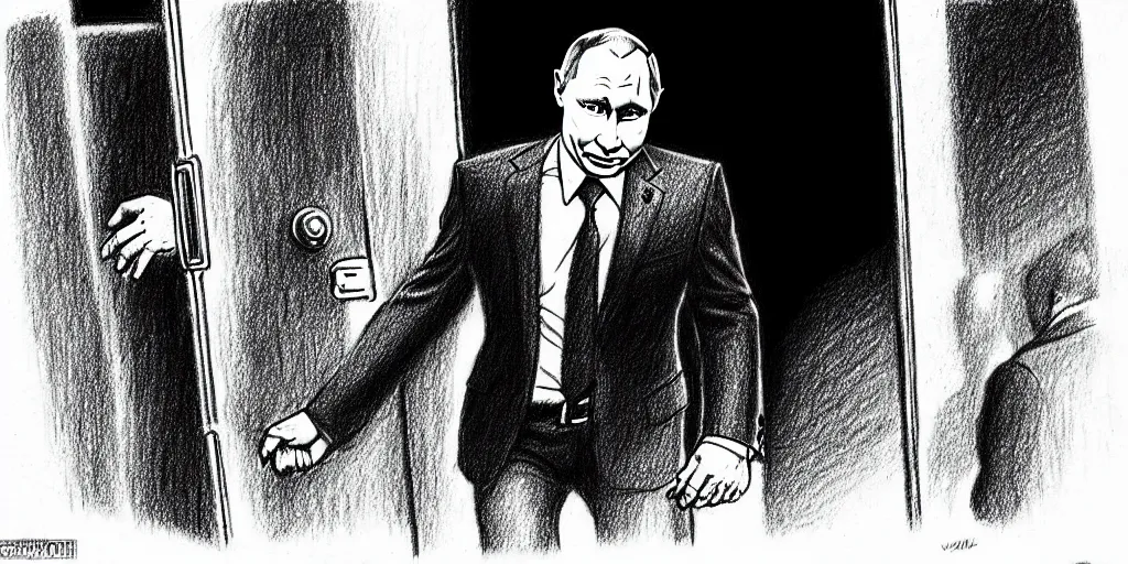 Prompt: vladimir putin being kicked out of a bar, cartoonish, ultra detailed pencil drawing