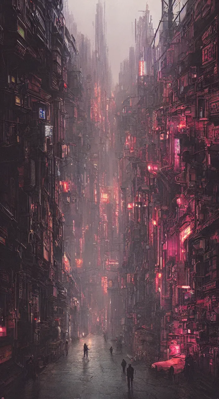 Image similar to cyberpunk city streets with renaissance architecture, cinematic neon lighting, hyper detailed, hyper realistic, in the style of beksinski