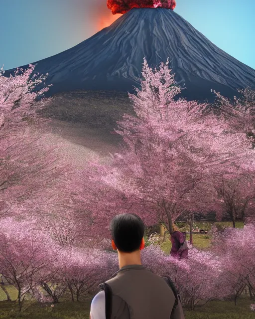 Image similar to A warrior standing near a cherry blossom tree, he is looking at a volcanic mountain that is erupting, 3d render, digital art