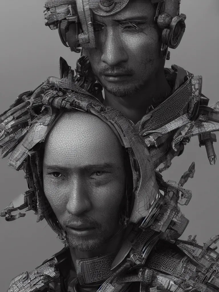 Image similar to hyper - realistic ultra - detailed 3 d render of a cyberpunk samurai portrait by gleb alexandrov and beeple, intricate, octane render, unreal engine, ray tracing, trending on artstation