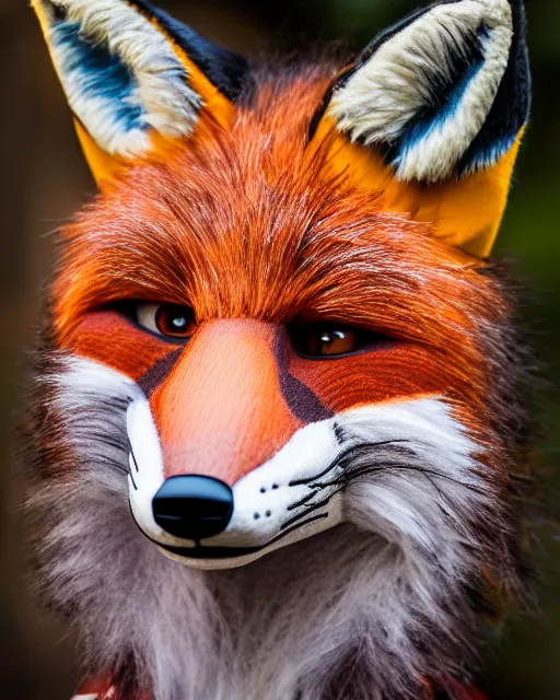 Image similar to portrait photo headshot still of a fursuit, fox, 8 k, 8 5 mm f 1. 8, fursuit