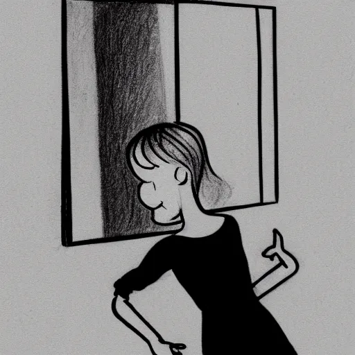 Prompt: backside photograph of a girl facing the mirror while holding the sink with both hands in a dark room, cartoon style, pencil sketch