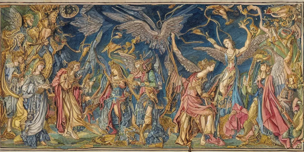 Image similar to an elegant archangel getting summoned from a group of temple knights, summoning circle, thunderstorm, highly intricate detailed colored ink drawing