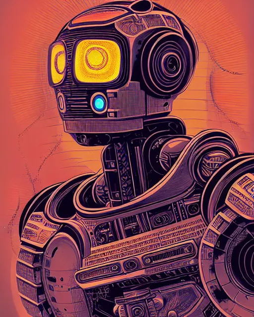 Prompt: robot, character portrait, portrait, close up, concept art, intricate details, highly detailed, vintage sci - fi poster, retro future, in the style of katsuhiro otomo