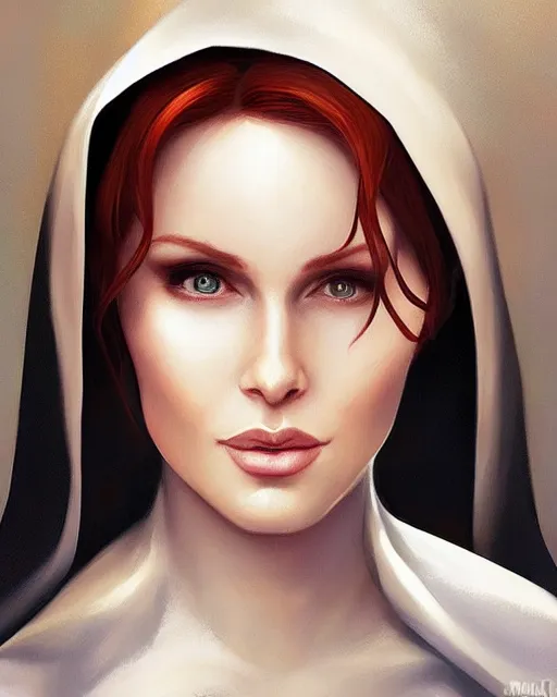 Prompt: a stunning portrait of triss merigold as a nun, digital art by julie bell and artgerm and ross tran and angel ganev, medium shot portrait, highly detailed, trending on artstationhq