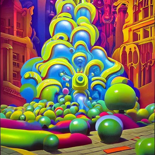 Prompt: jelly rococo draped in arching plasma and colorful auras, liquid, drippy, scifi 3 d paint spray by beeple, fernando botero, jeff koons, ivan shishkin, m. c. escher