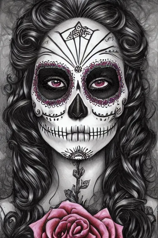 Prompt: Illustration of a sugar skull day of the dead girl, art by Ed Binkley