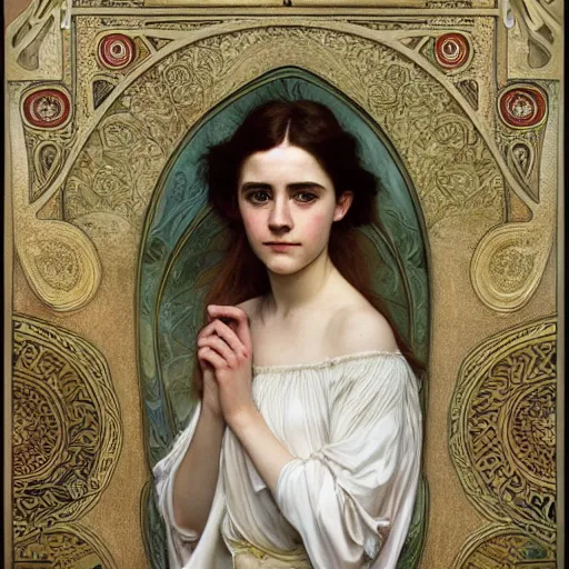 Image similar to a detailed, intricate art nouveau portrait painting of a girl who resembles 1 8 - year - old saoirse ronan and emma watson in a white satin gown, by alphonse mucha, donato giancola, and john william waterhouse